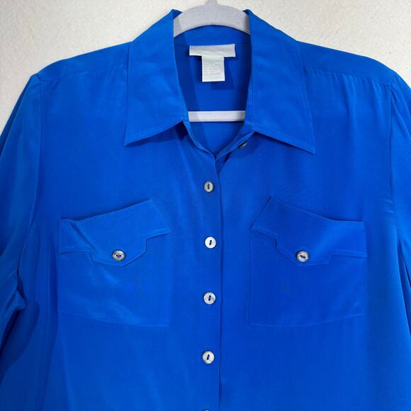 Soft Surroundings Blue Silk Button Up Tunic Blouse Size Petite Large 3/4 Sleeve - Picture 2 of 6